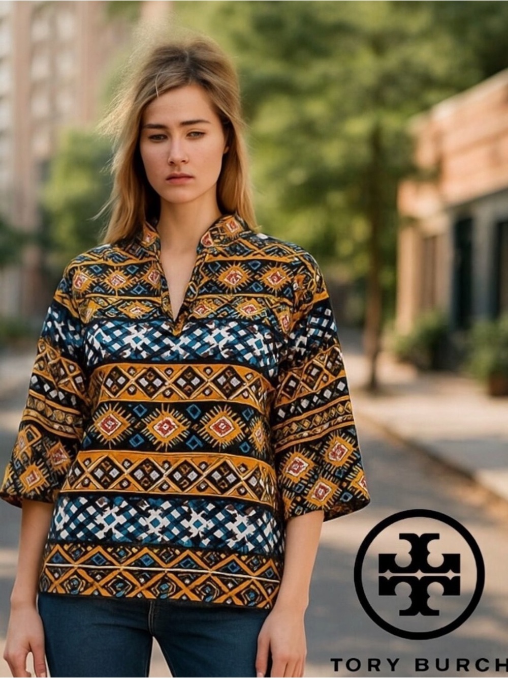 Tory Burch Geometric Wool Blend Multicolor V-Neck Pullover 3/4 Sleeve Blouse Top